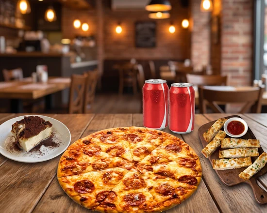 Mondo Special combo with pizza, garlic bread sticks, tiramisu and pop at Mondo Pizza, downtown Edmonton